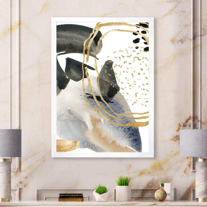 Pastel Abstract With Blue Black Beige &amp; Gold Spots - Modern Living Room Wall Decor