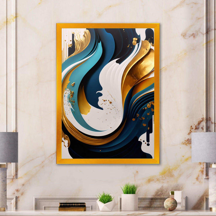 Blue And Gold Modern Art Abstract Painting II - Modern Living Room Wall Decor