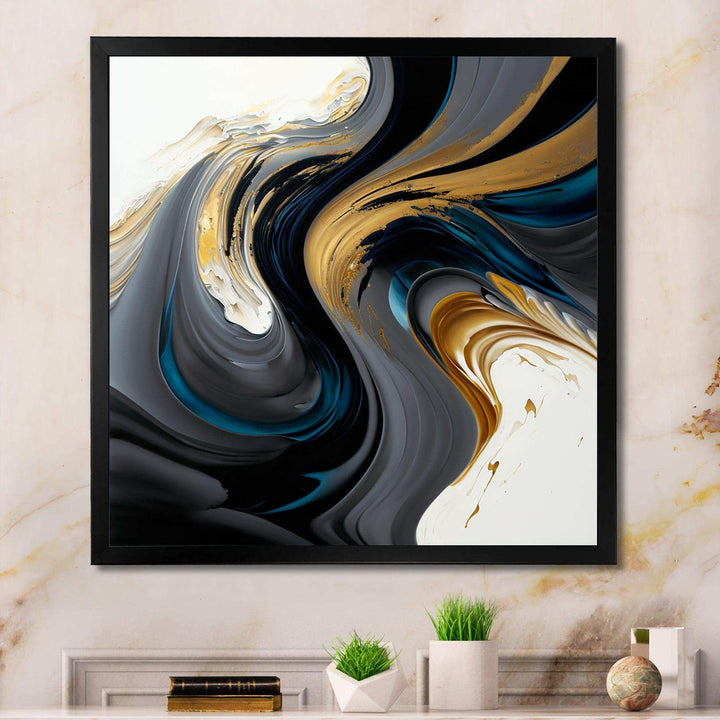 Black, White And Gold Liquid Art IV - Modern Living Room Wall Decor
