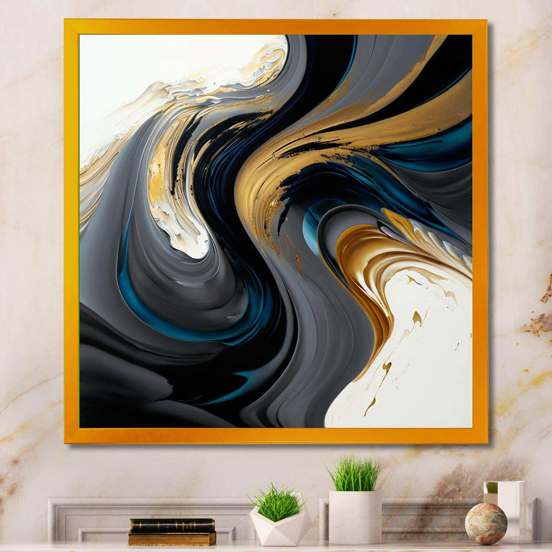 Black, White And Gold Liquid Art IV - Modern Living Room Wall Decor