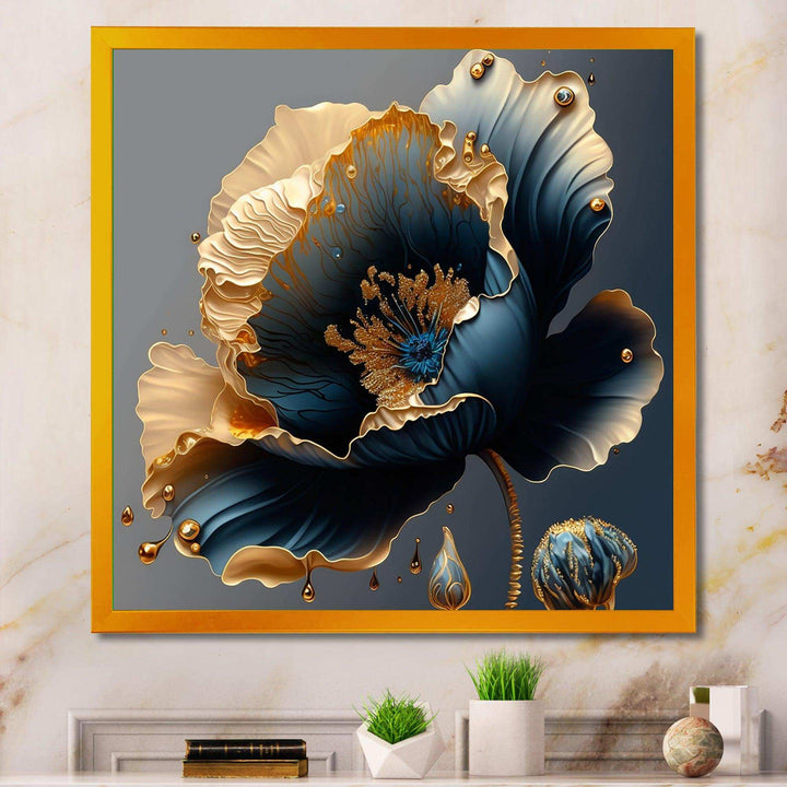 Idesignart deep blue and gold single flower iv