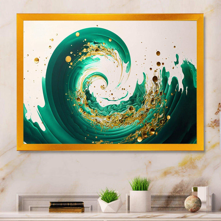 Green And Gold Crashing Waves IV - Modern Bedroom Wall Art