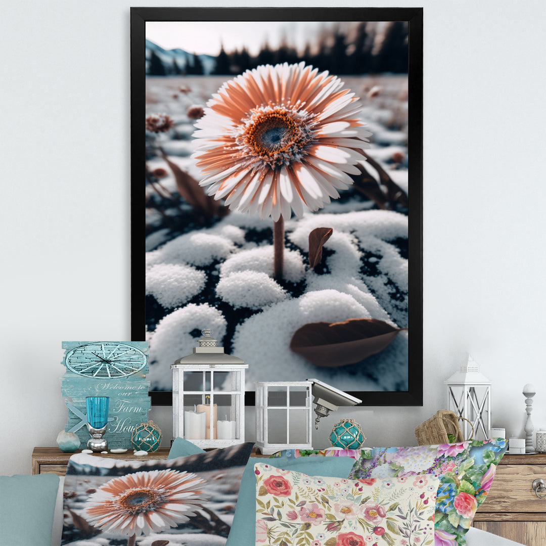 A Blooming White Gerbera Flower In Winter Framed Print Vibrant Gold - 1.5"Width