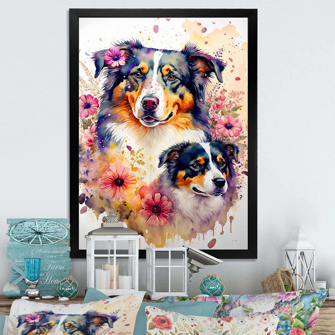 Cute Australian Shepherds Floral Art I