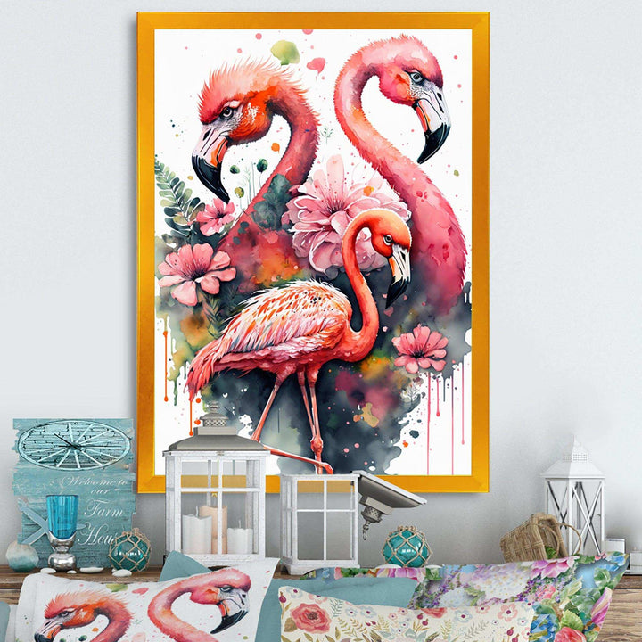 Cute Flamingos Floral Art I