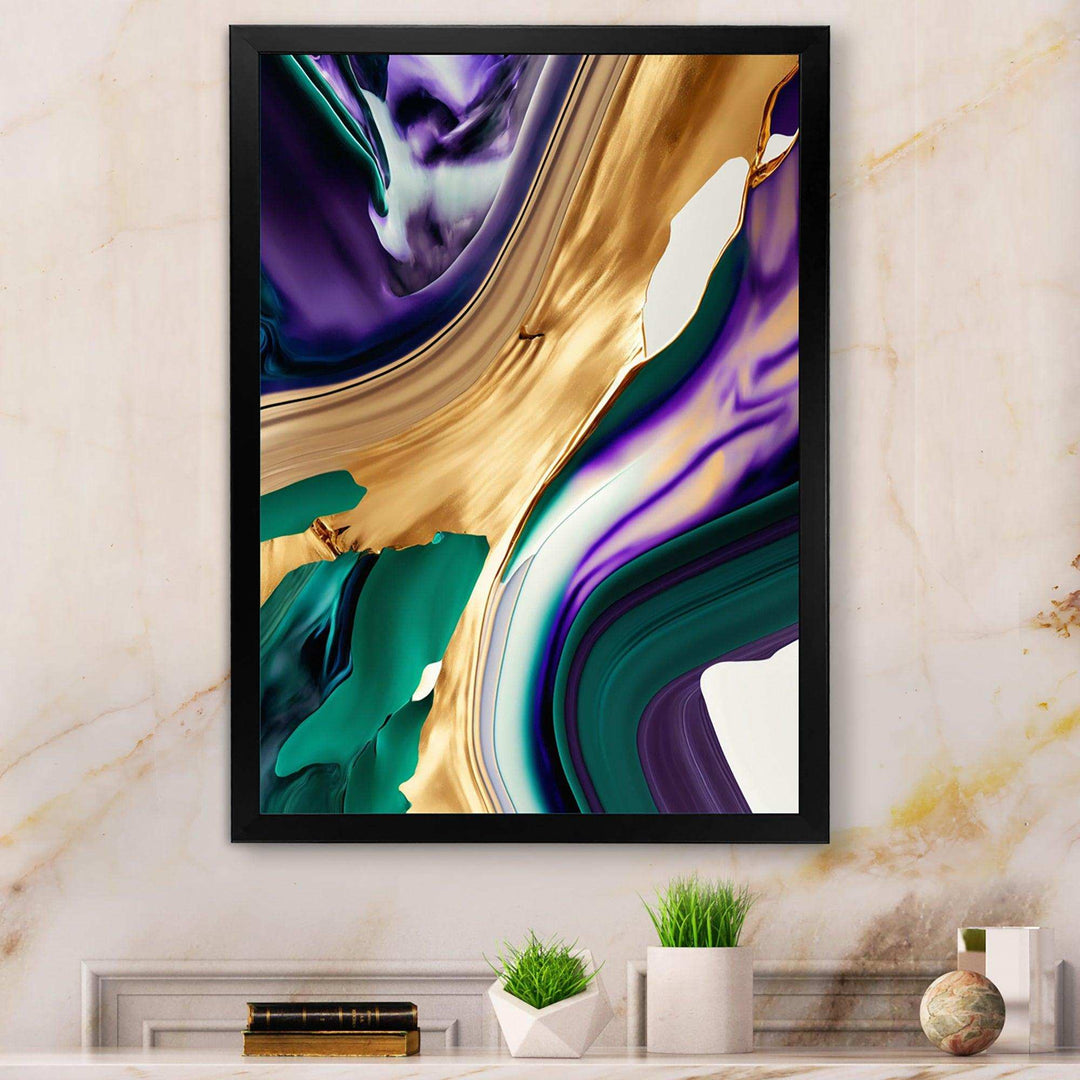 Purple, Green And Gold Bold Strokes I - Modern Living Room Wall Decor