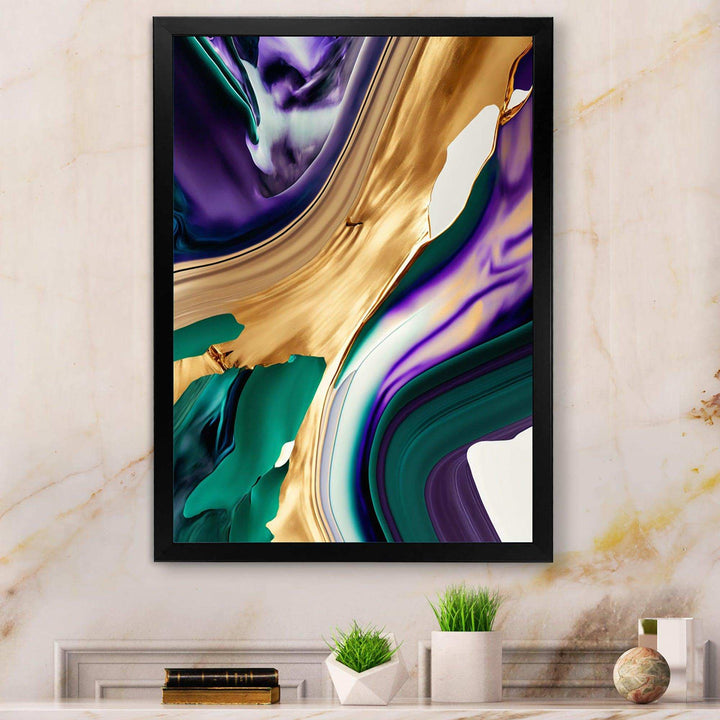 Purple, Green And Gold Bold Strokes I - Modern Living Room Wall Decor