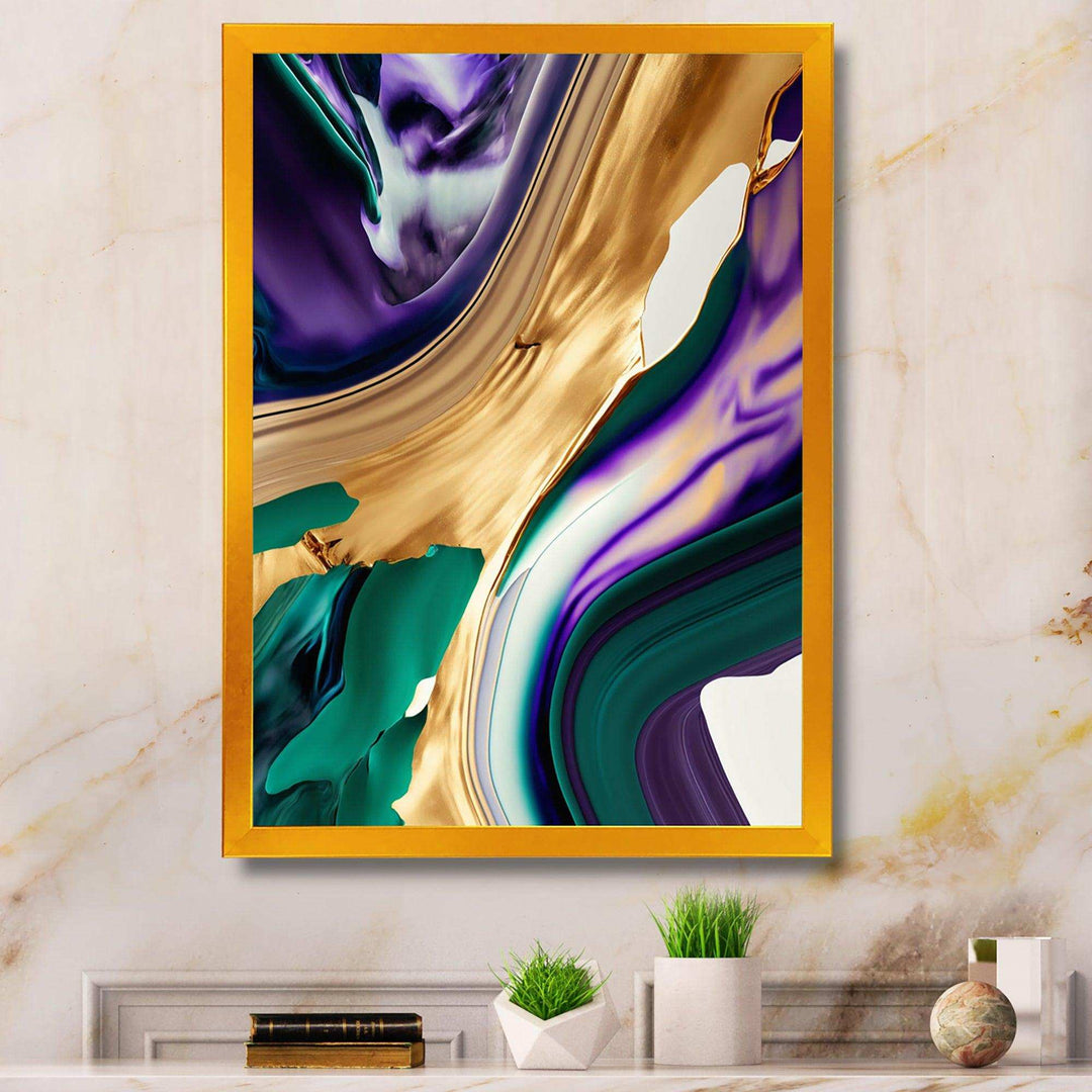 Purple, Green And Gold Bold Strokes I - Modern Living Room Wall Decor