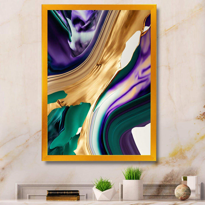 Purple, Green And Gold Bold Strokes I - Modern Living Room Wall Decor