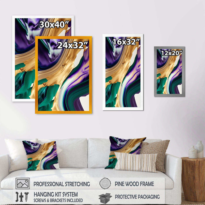 Purple, Green And Gold Bold Strokes I - Modern Living Room Wall Decor