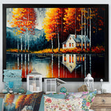 Red And Orange Lake House With Birch Trees