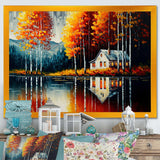 Red And Orange Lake House With Birch Trees