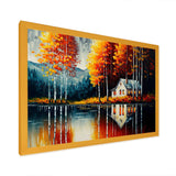 Red And Orange Lake House With Birch Trees