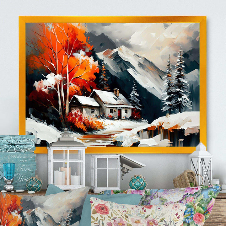 Monochrome Orange Cottage In Winter III