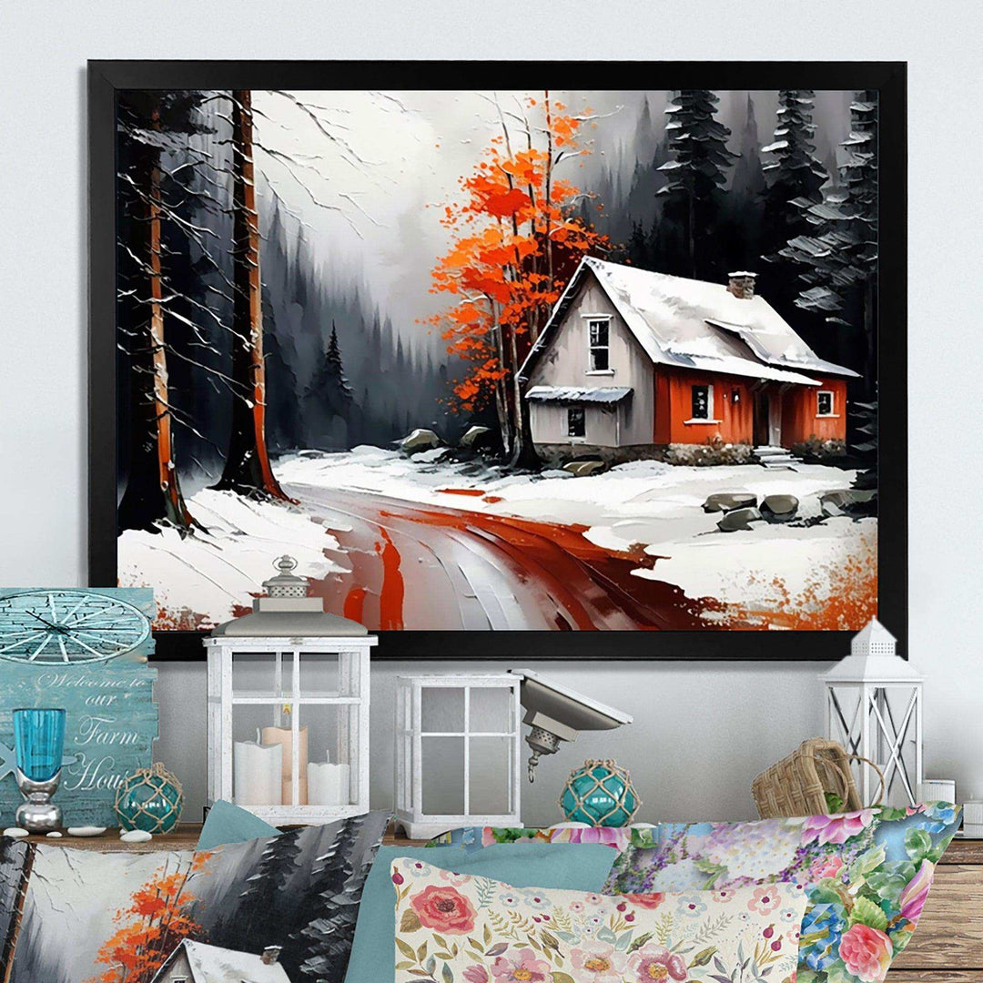 Monochrome Orange Cottage In Winter IV