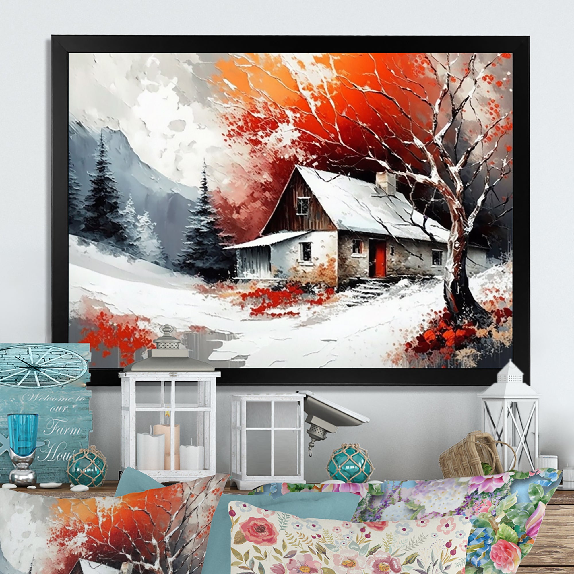 Monochrome Orange Cottage In Winter VII