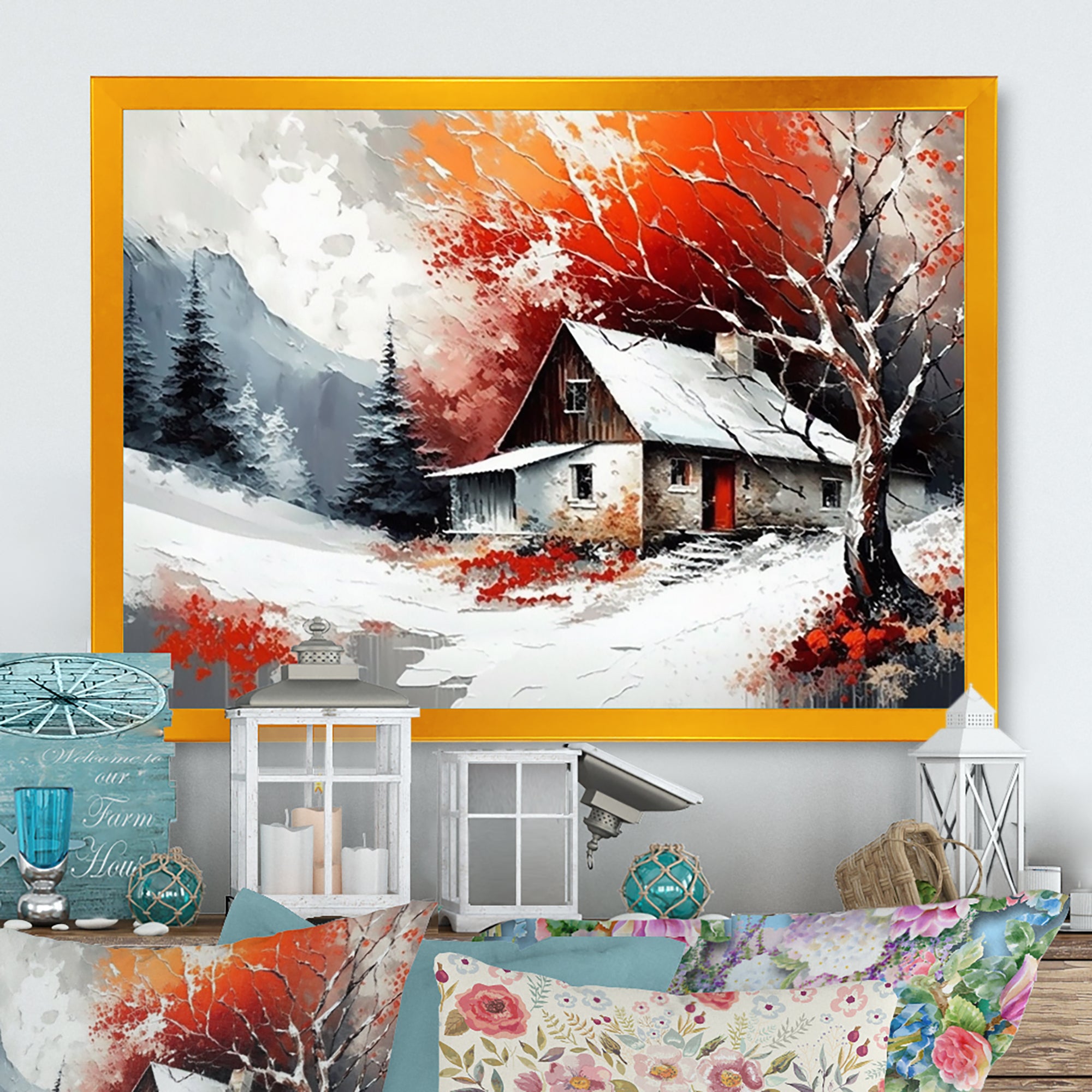 Monochrome Orange Cottage In Winter VII