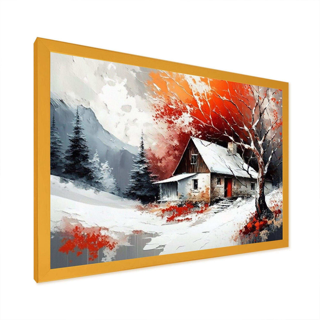 Monochrome Orange Cottage In Winter VII