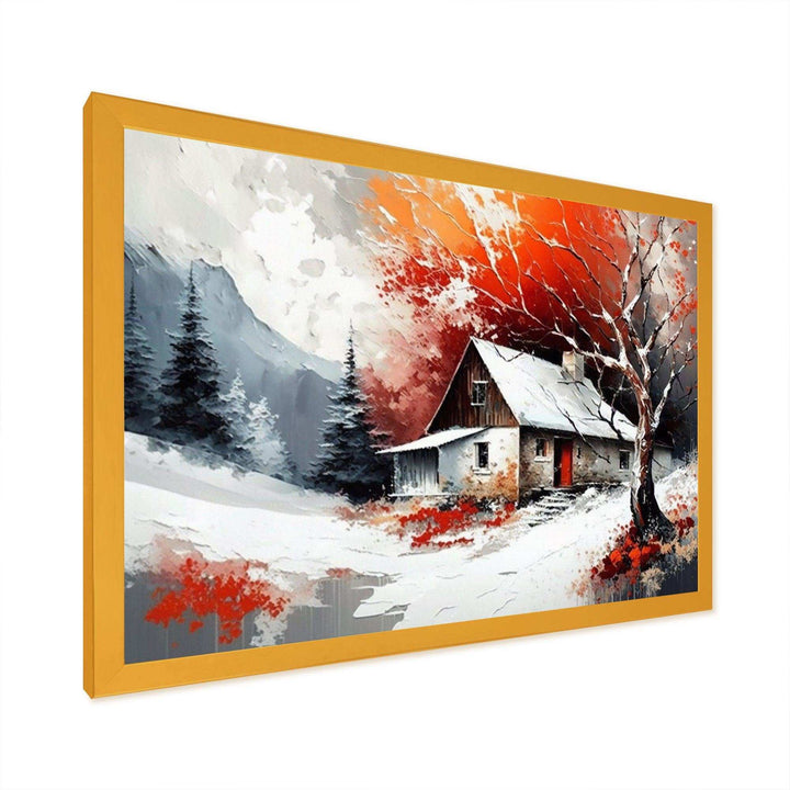 Monochrome Orange Cottage In Winter VII