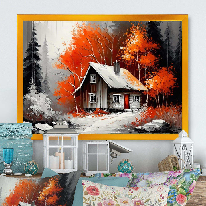 Monochrome Orange Cottage In Winter IX