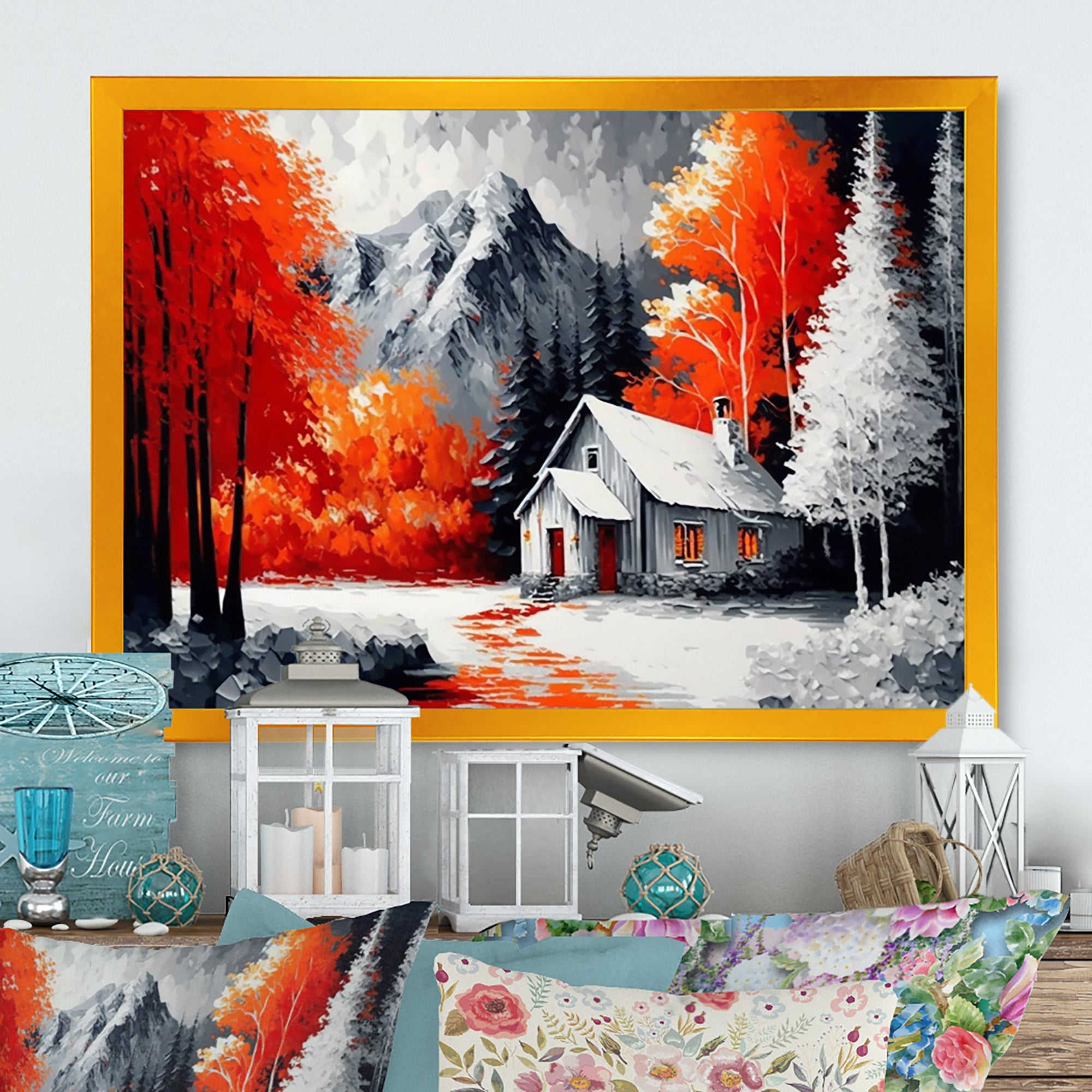 Monochrome Orange Cottage In Winter II