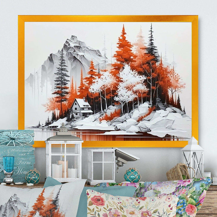 Monochrome Orange Cottage In Winter II