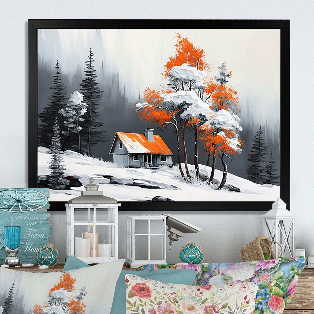 Monochrome Orange Cottage In Winter IV