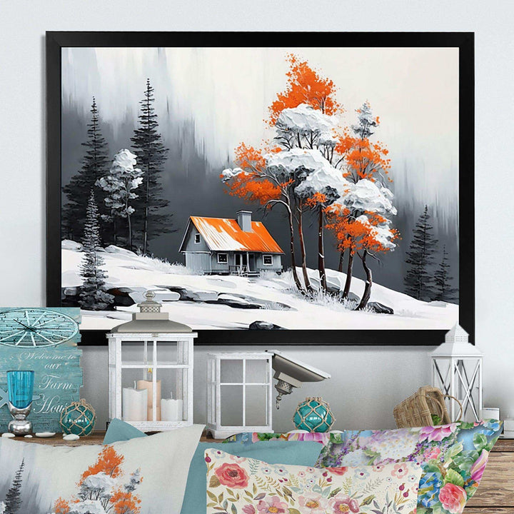 Monochrome Orange Cottage In Winter IV