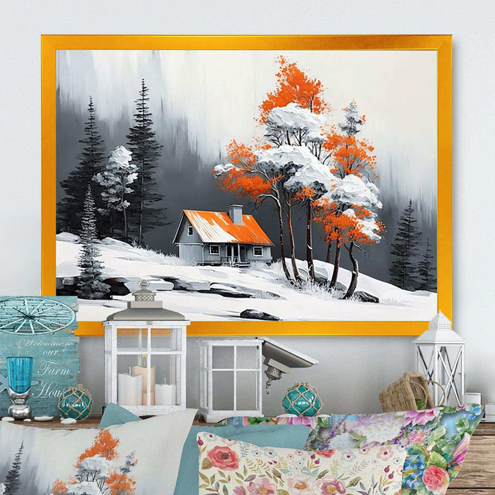 Monochrome Orange Cottage In Winter IV