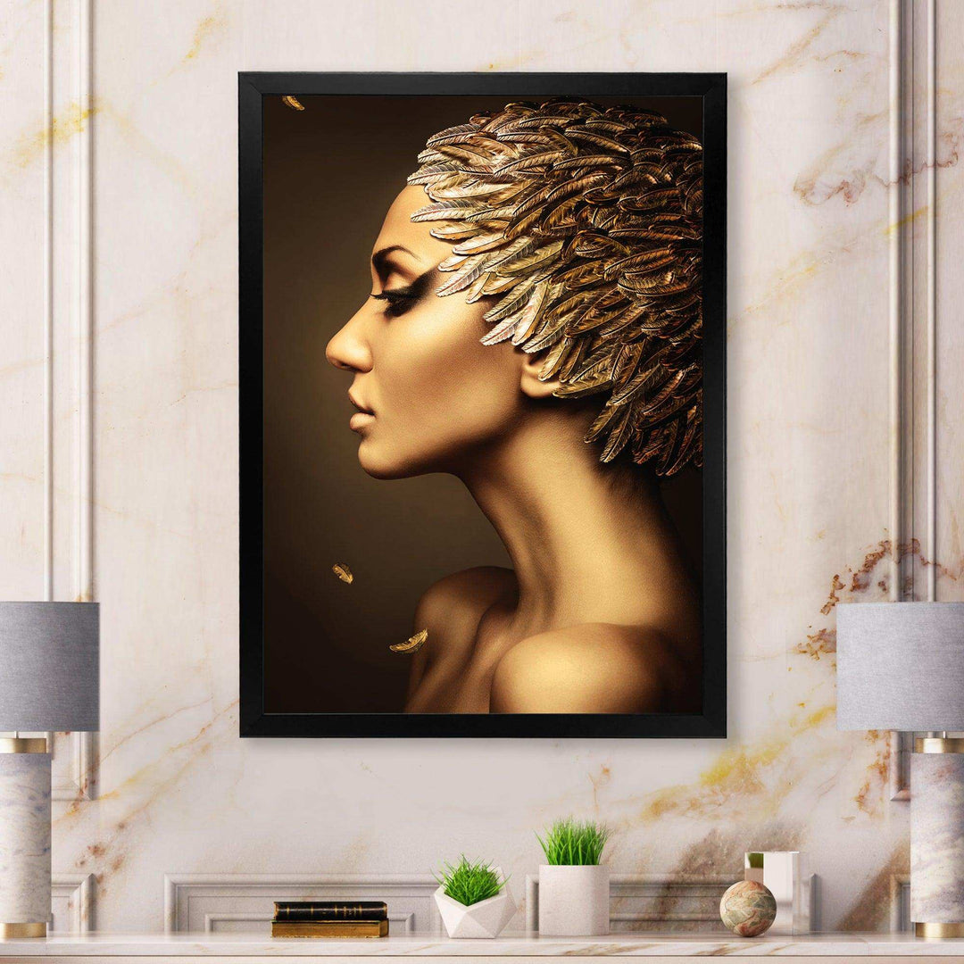 Woman with Gold Feather Hat - Modern Living Room Wall Decor