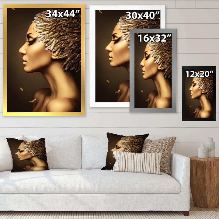 Woman with Gold Feather Hat - Modern Living Room Wall Decor