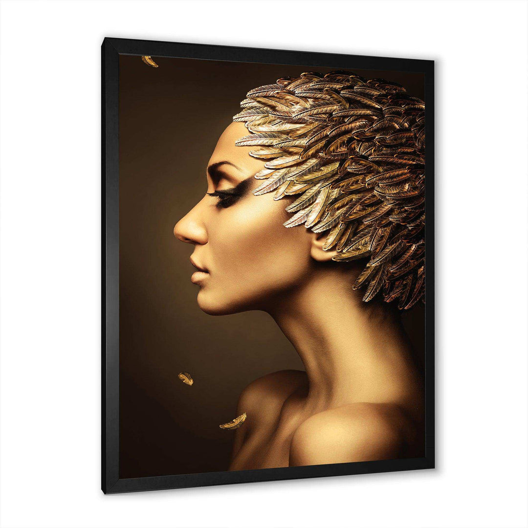 Woman with Gold Feather Hat - Modern Living Room Wall Decor