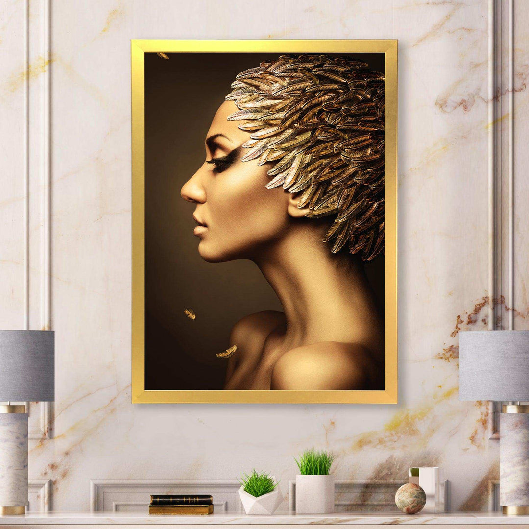 Woman with Gold Feather Hat - Modern Living Room Wall Decor