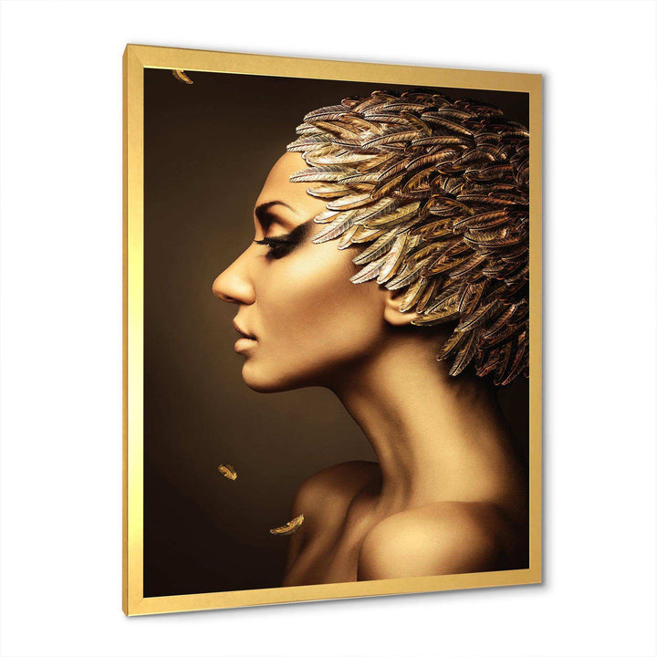 Woman with Gold Feather Hat - Modern Living Room Wall Decor