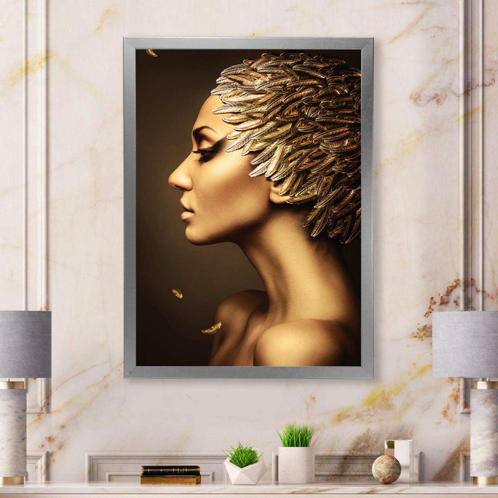 Woman with Gold Feather Hat - Modern Living Room Wall Decor