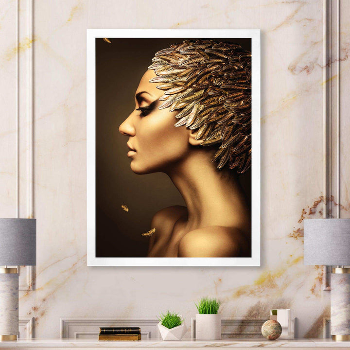 Woman with Gold Feather Hat - Modern Living Room Wall Decor