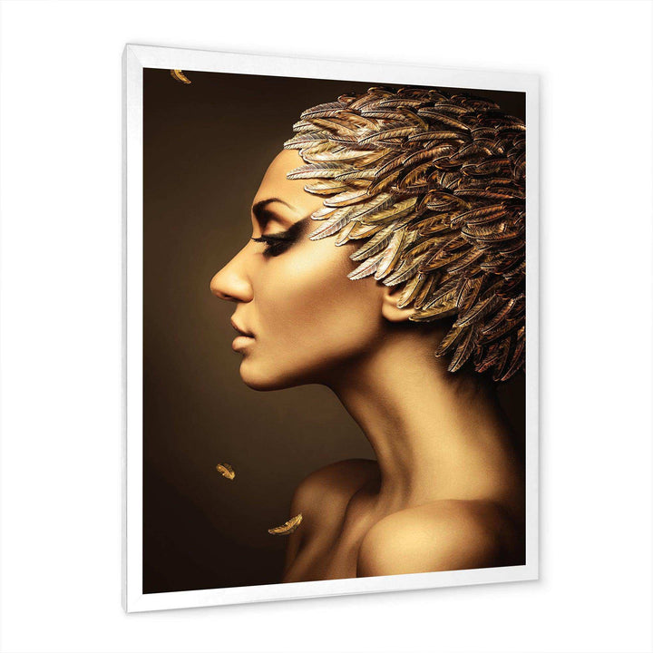 Woman with Gold Feather Hat - Modern Living Room Wall Decor