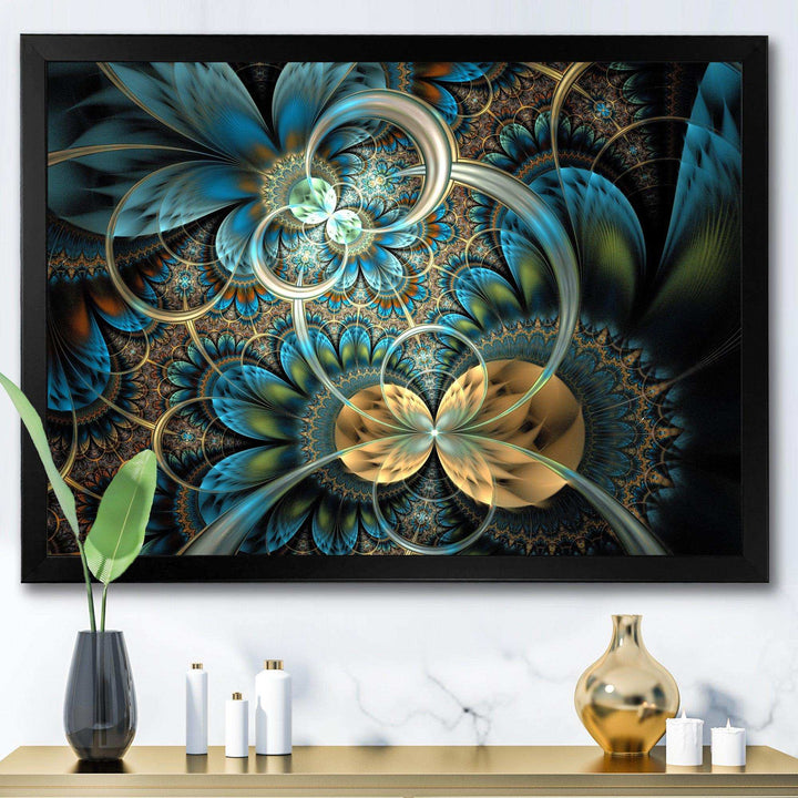 Symmetrical Blue Gold Fractal Flower - Modern Wall Art Prints