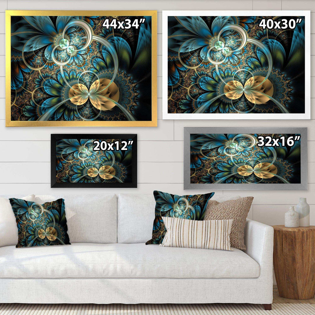 Symmetrical Blue Gold Fractal Flower - Modern Wall Art Prints