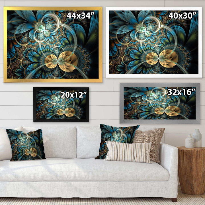 Symmetrical Blue Gold Fractal Flower - Modern Wall Art Prints