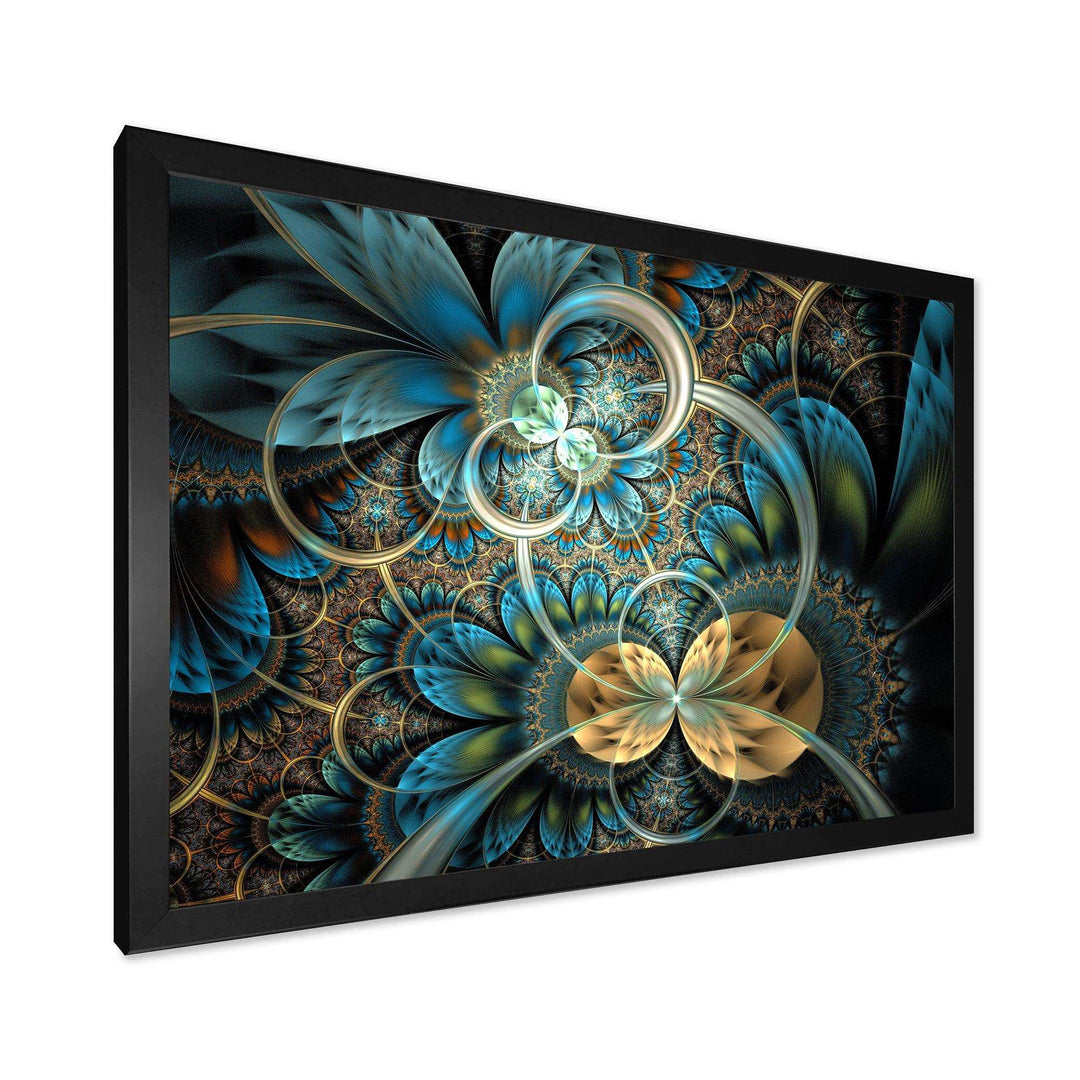 Symmetrical Blue Gold Fractal Flower - Modern Wall Art Prints