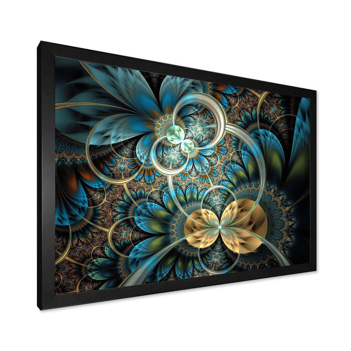 Symmetrical Blue Gold Fractal Flower - Modern Wall Art Prints