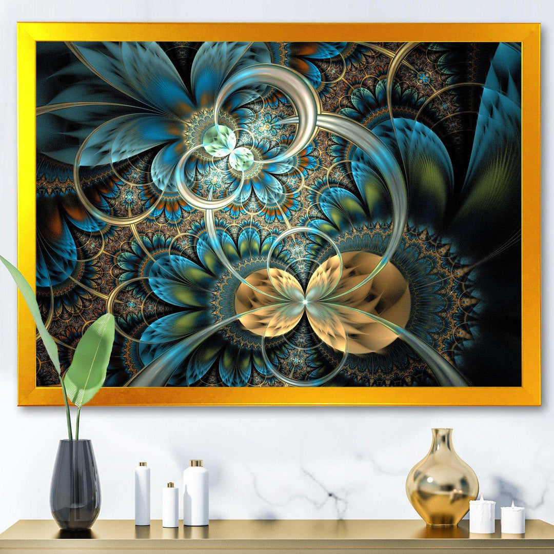 Symmetrical Blue Gold Fractal Flower - Modern Wall Art Prints