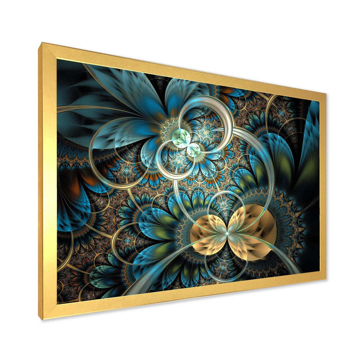 Symmetrical Blue Gold Fractal Flower - Modern Wall Art Prints