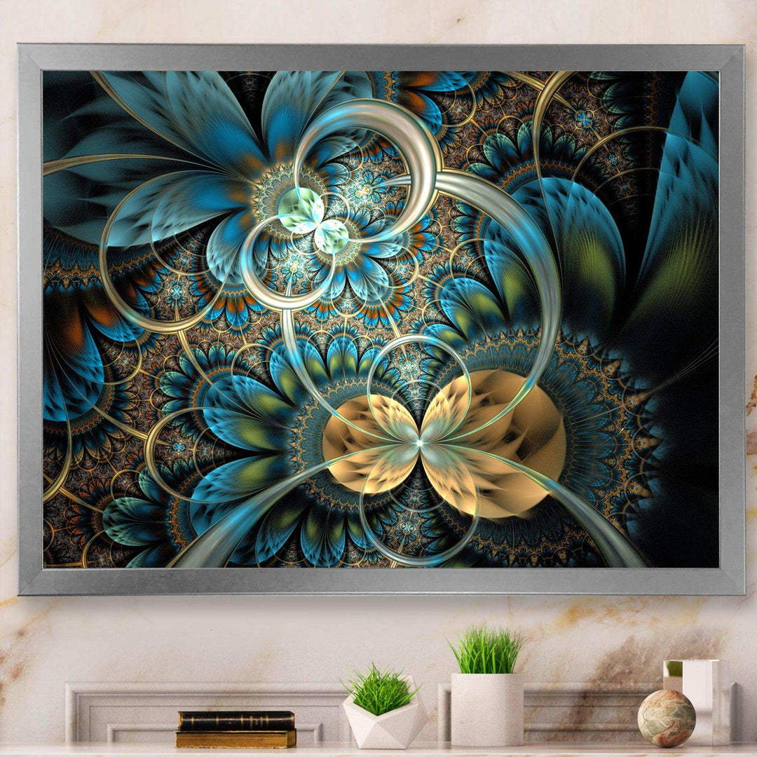 Symmetrical Blue Gold Fractal Flower - Modern Wall Art Prints
