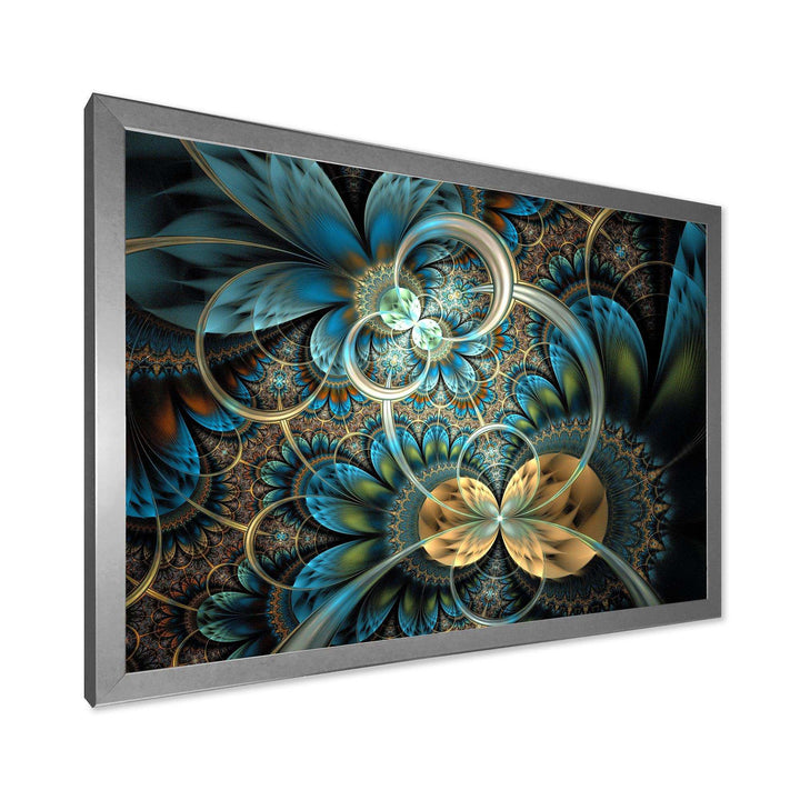 Symmetrical Blue Gold Fractal Flower - Modern Wall Art Prints