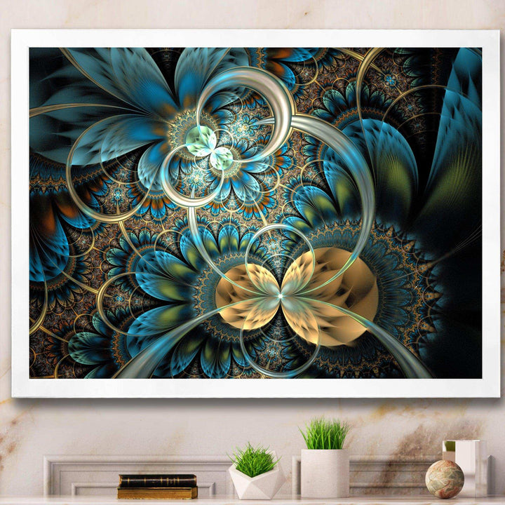 Symmetrical Blue Gold Fractal Flower - Modern Wall Art Prints
