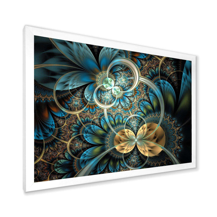 Symmetrical Blue Gold Fractal Flower - Modern Wall Art Prints