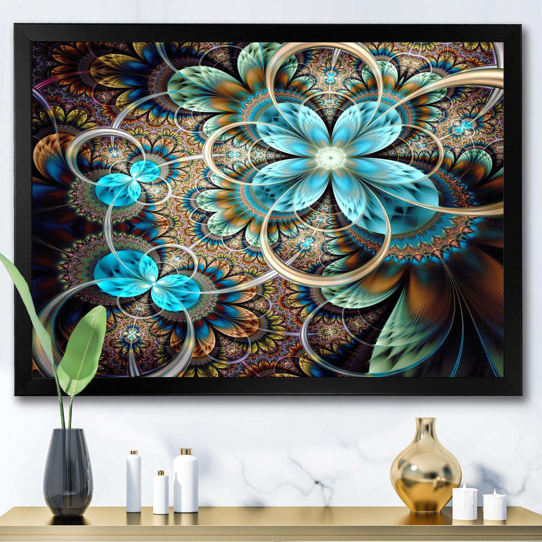 Colorful Fractal Flowers with Blue Shade - Modern Living Room Wall Decor