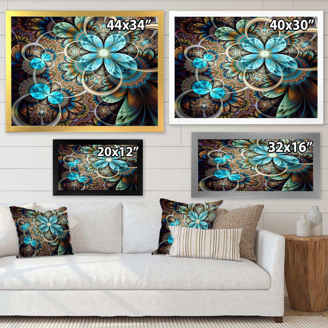 Colorful Fractal Flowers with Blue Shade - Modern Living Room Wall Decor